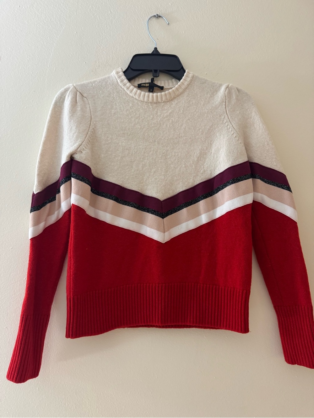 Maje Cream, Burgundy & Red Chevron Crewneck Sweater